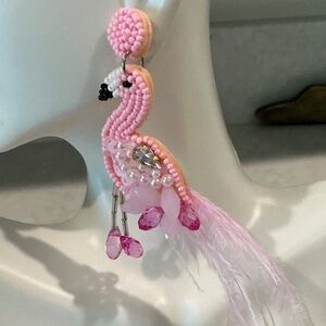 PINK FLAMINGO BEADED HANDMADE STUD EARRINGS WITH PINK FEATHERS